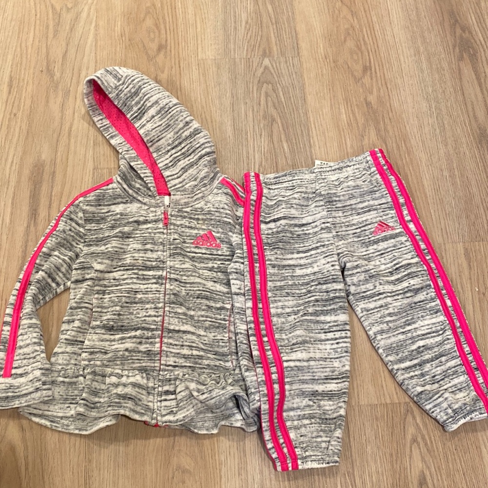 Adidas velour grey and pink matching set 3T. Athletic set. Jacket and pants.